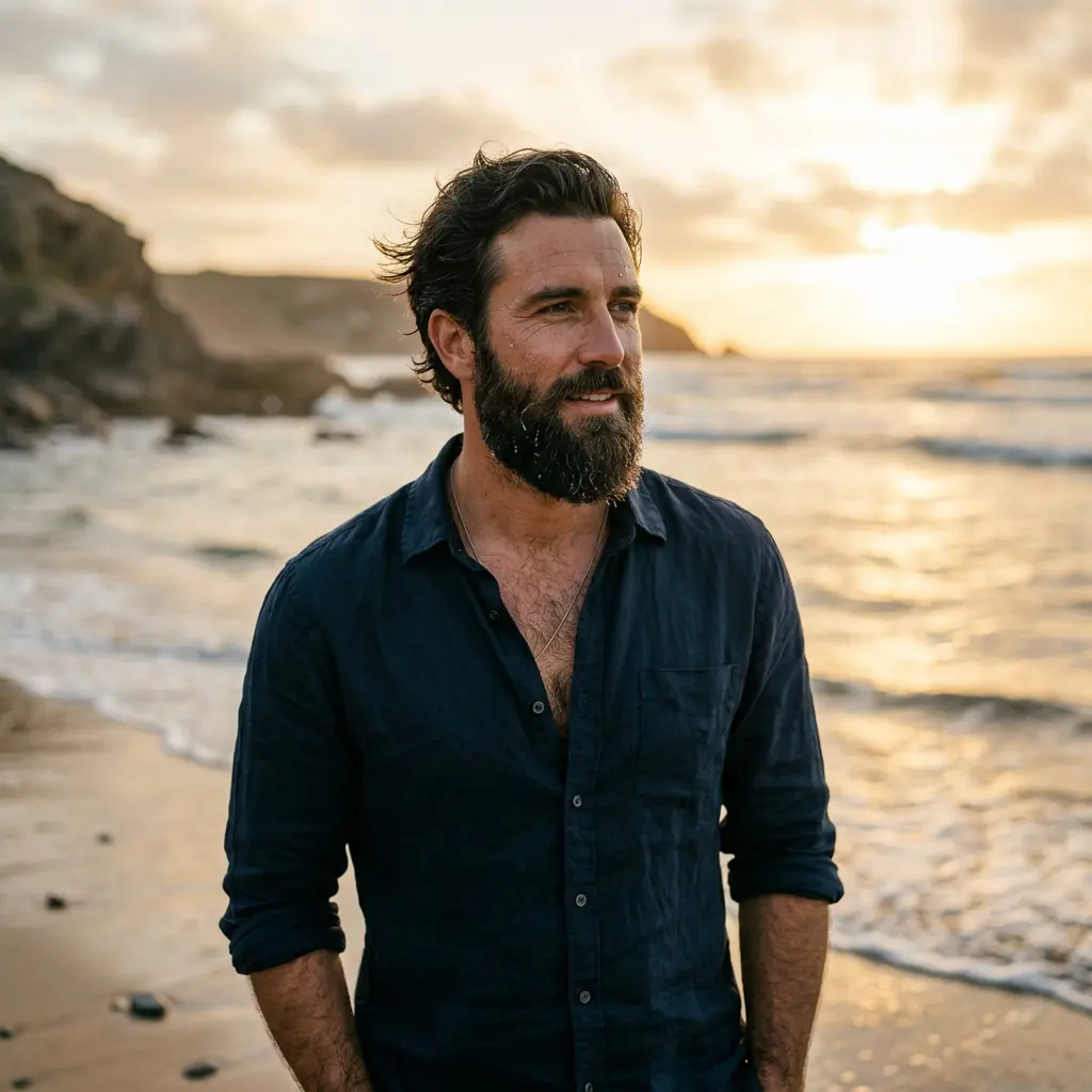 Homme barbu sur la plage après baignade, barbe humide