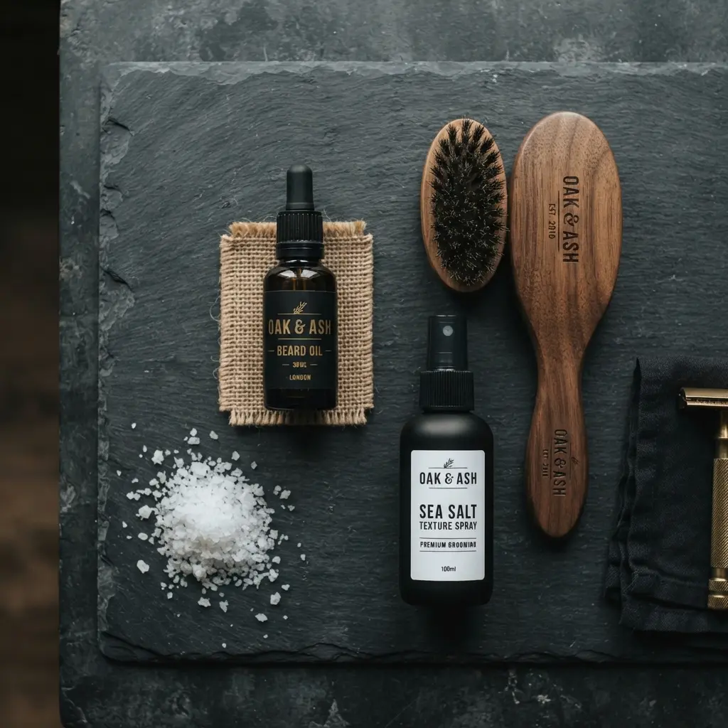Huile à barbe, brosse et sel de mer