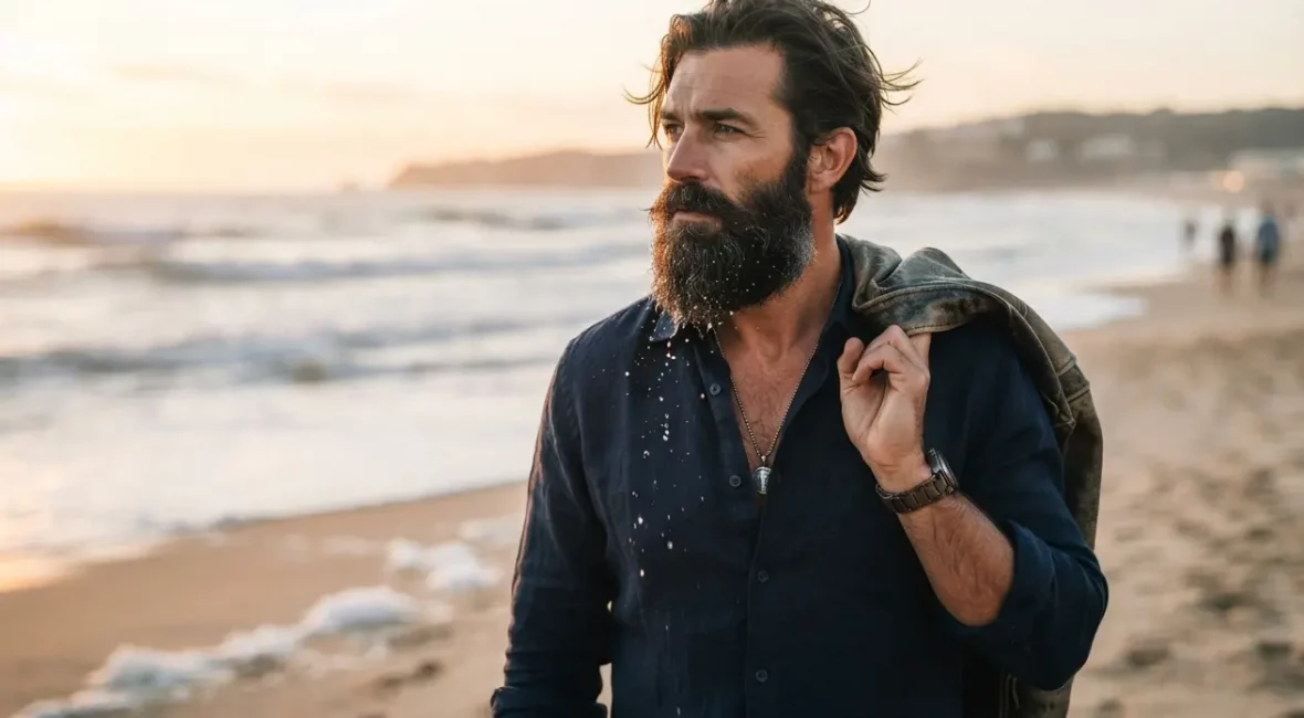 Homme barbu sur la plage après baignade, barbe humide