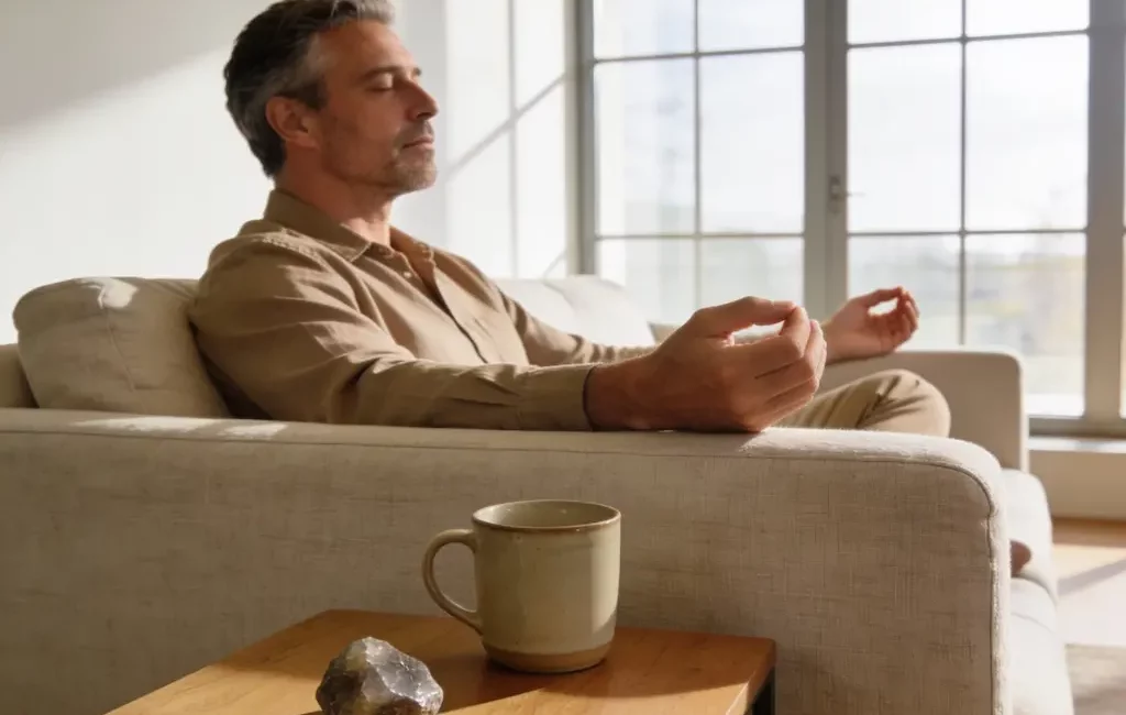 Homme pratiquant la respiration calme au réveil