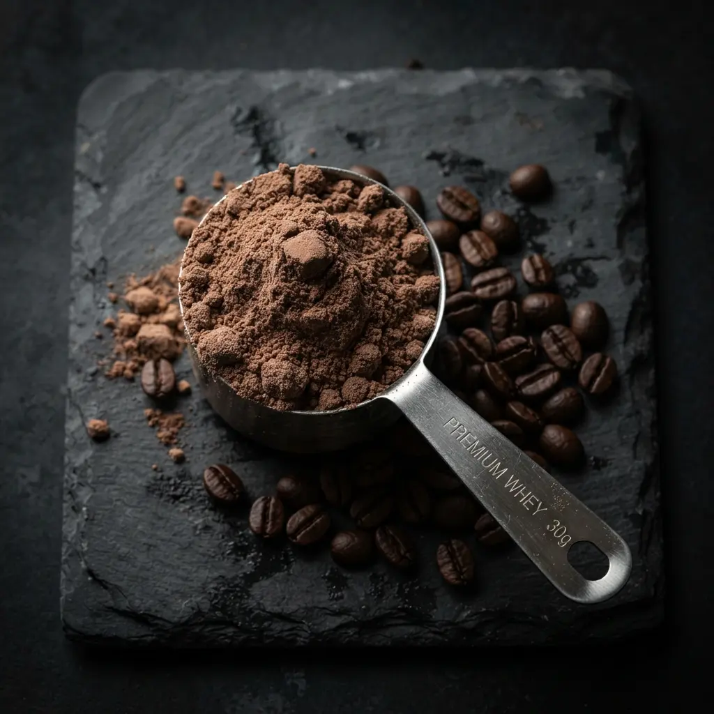 Dose de whey et grains de café sur ardoise