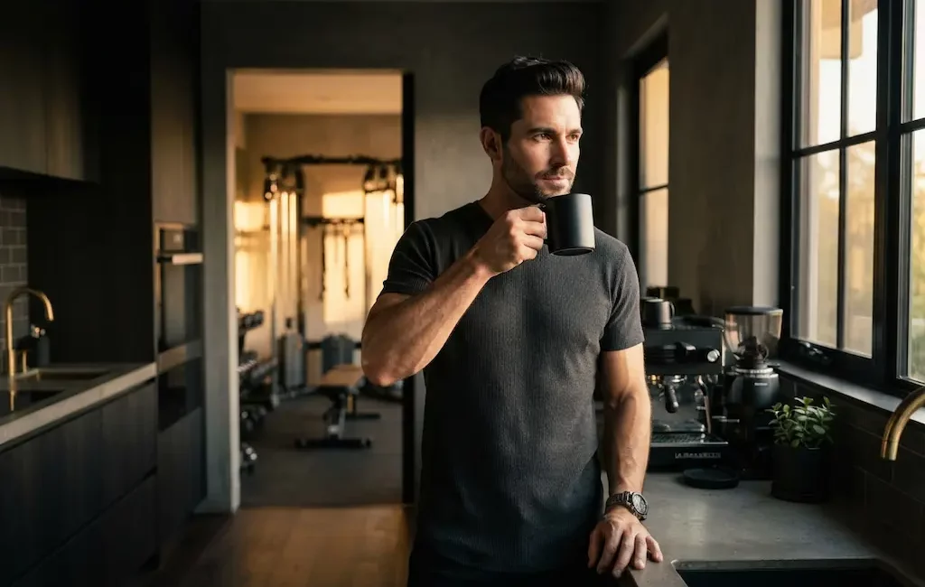 Sportif buvant son café protéiné dans une cuisine moderne premium