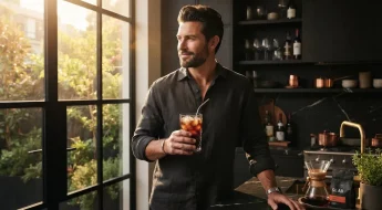 Homme élégant buvant un cold brew maison dans sa cuisine