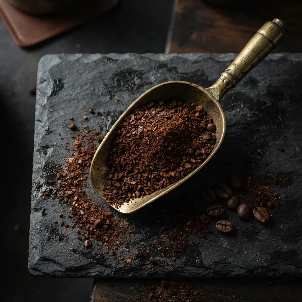 Café moulu grossièrement et grains sur table en ardoise sombre