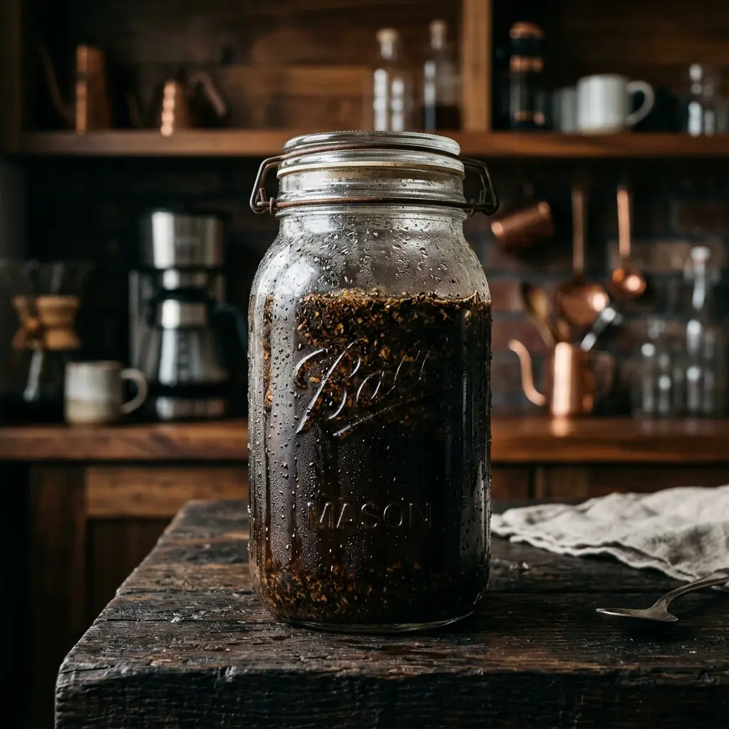 Bocal de cold brew maison en pleine infusion lente.
