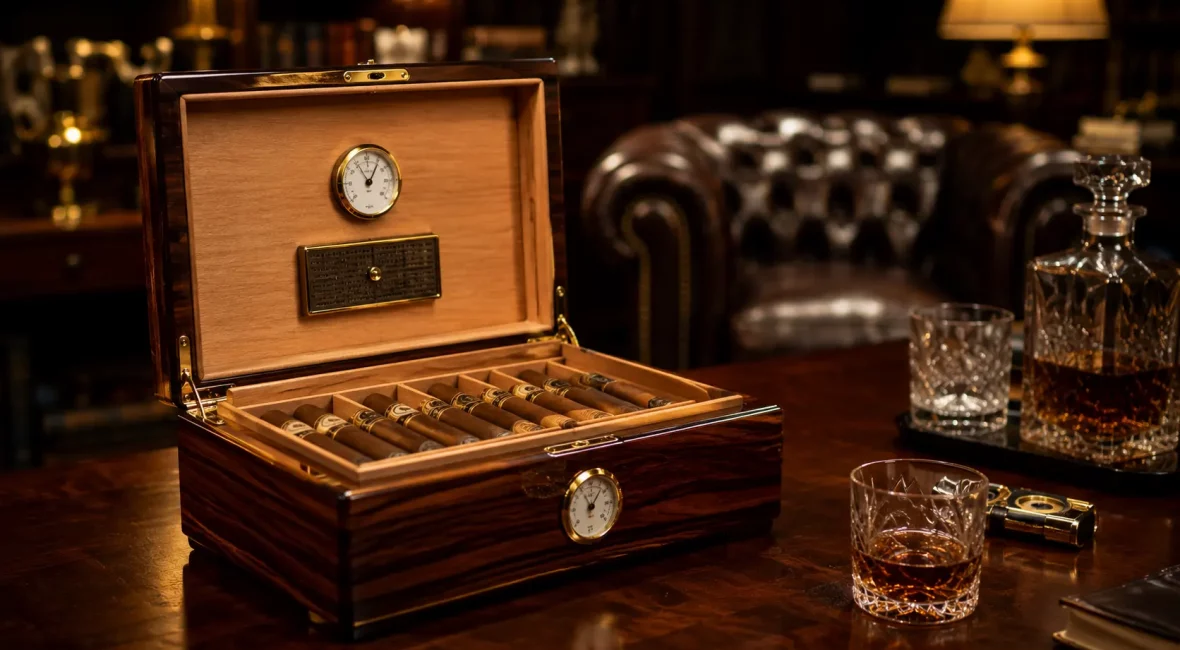 Boîte à cigares de luxe en bois sur bureau masculin
