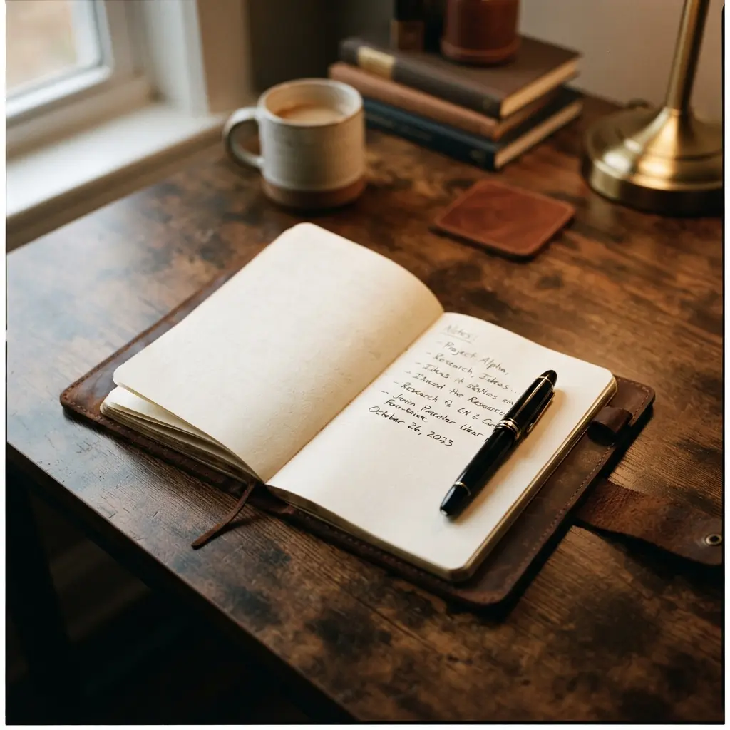 Carnet en cuir ouvert et stylo sur bureau sombre