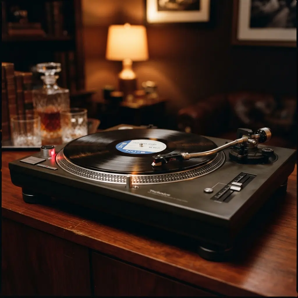 Platine vinyle en bois dans une ambiance masculine chaleureuse