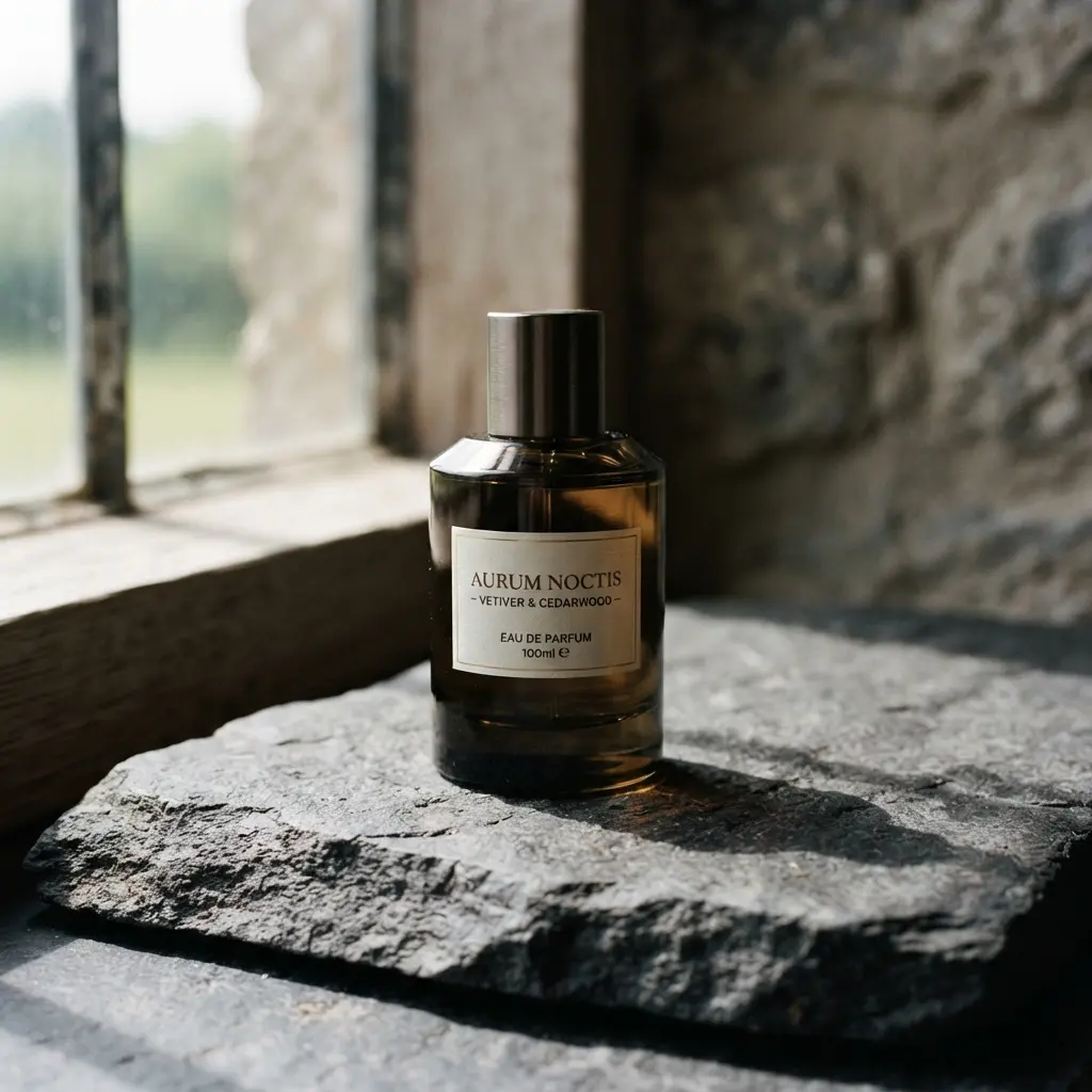 Flacon de parfum homme posé sur une table sombre