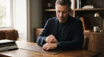 Homme ajustant une montre mécanique sur un bureau en bois