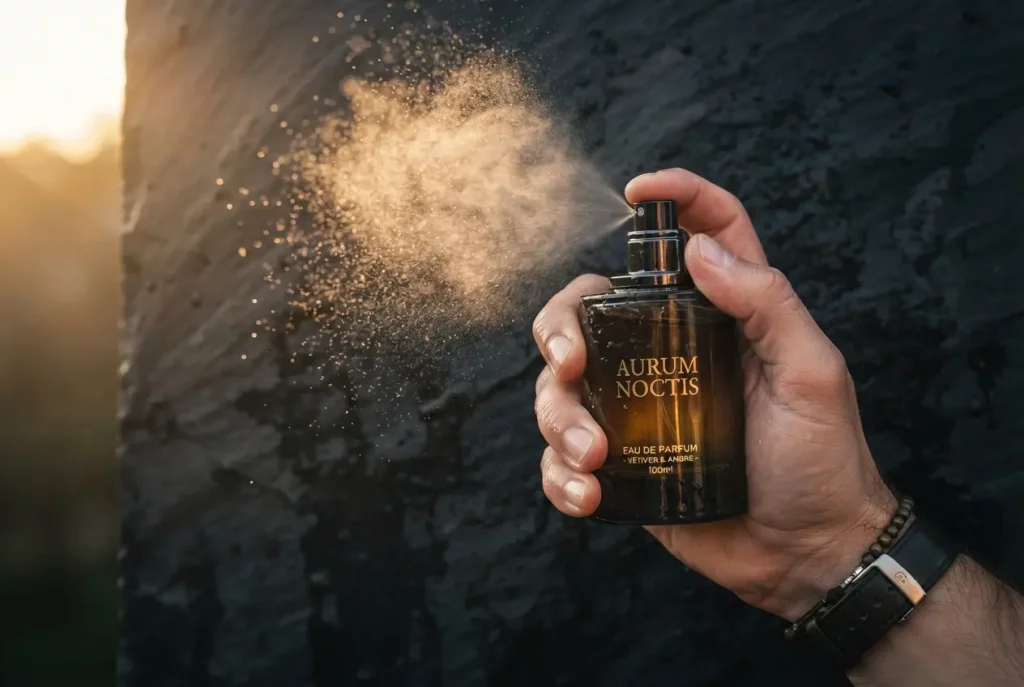 Homme vaporisant un parfum luxueux pour créer un layering olfactif
