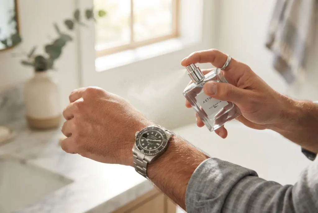 Homme appliquant délicatement un parfum moderne sur son poignet