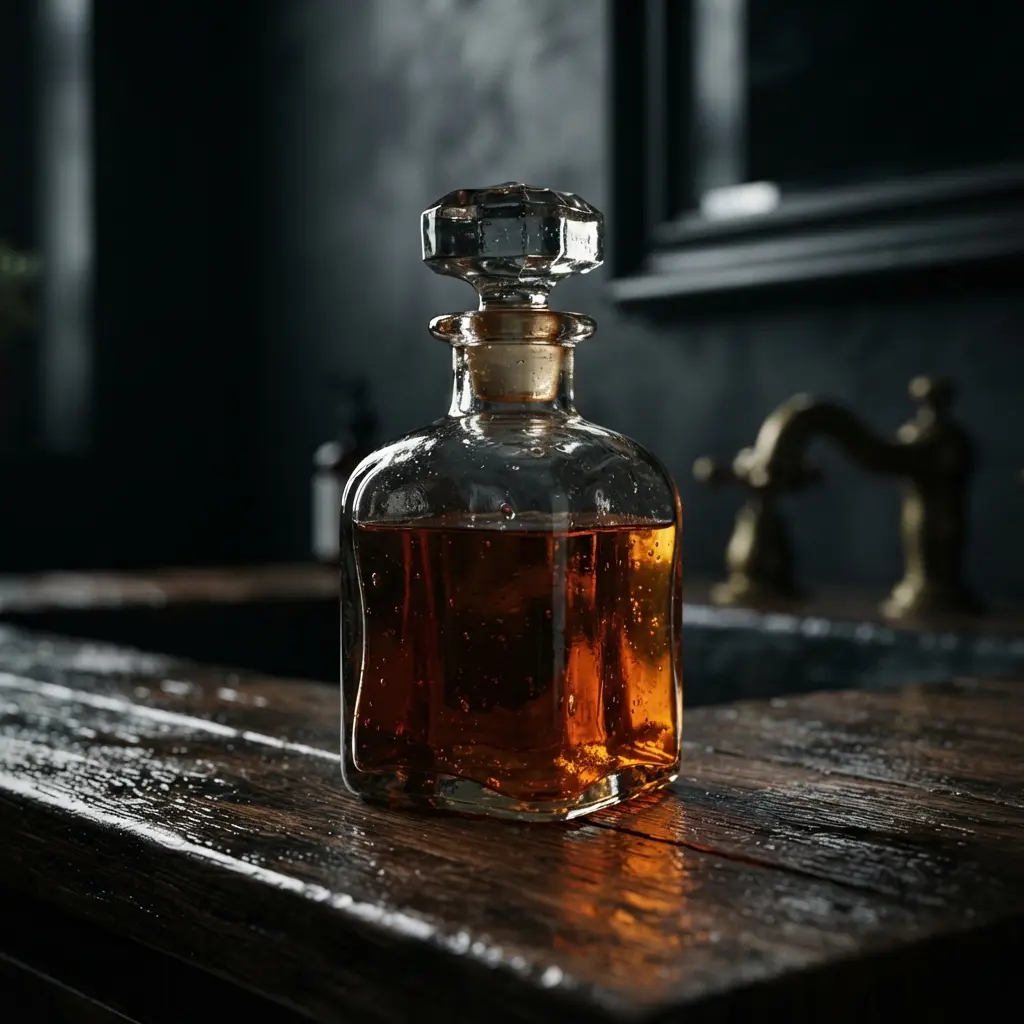 Flacon de parfum vintage lourd posé sur meuble sombre