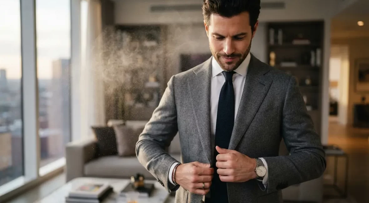 Homme élégant en costume vaporisant subtilement son parfum moderne
