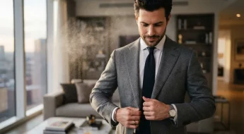 Homme élégant en costume vaporisant subtilement son parfum moderne