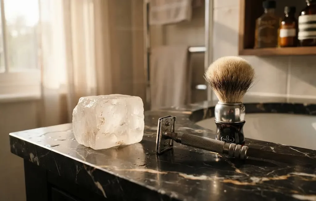 Pierre d'alun naturelle sur lavabo avec rasoir classique