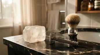 Pierre d'alun naturelle sur lavabo avec rasoir classique