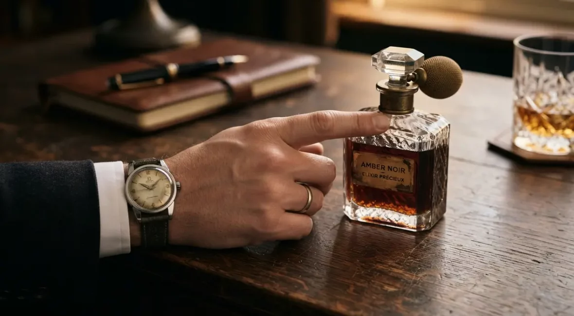 Homme élégant touchant un flacon de parfum ambré vintage