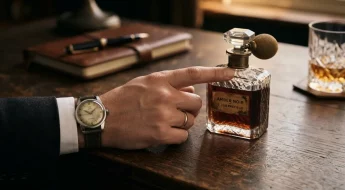 Homme élégant touchant un flacon de parfum ambré vintage