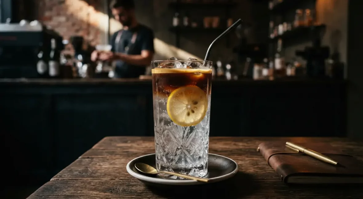 Verre d'Espresso Yuzu Tonic glacé sur table en bois
