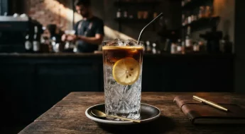 Verre d'Espresso Yuzu Tonic glacé sur table en bois