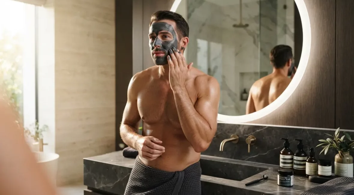Homme élégant appliquant un soin purifiant au charbon actif.