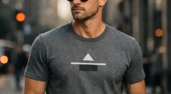 Homme portant un t-shirt personnalisé gris au design minimaliste chic