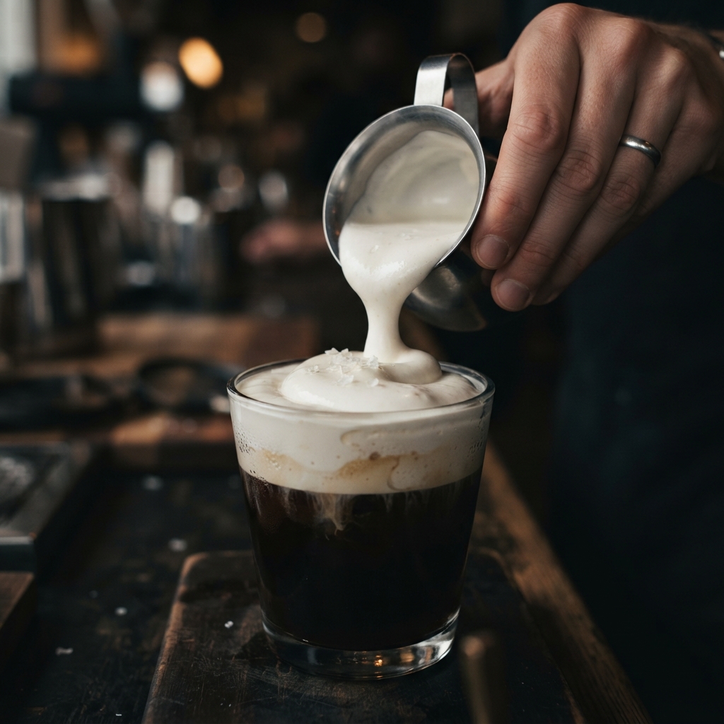 Crème salée versée sur un café noir corsé.