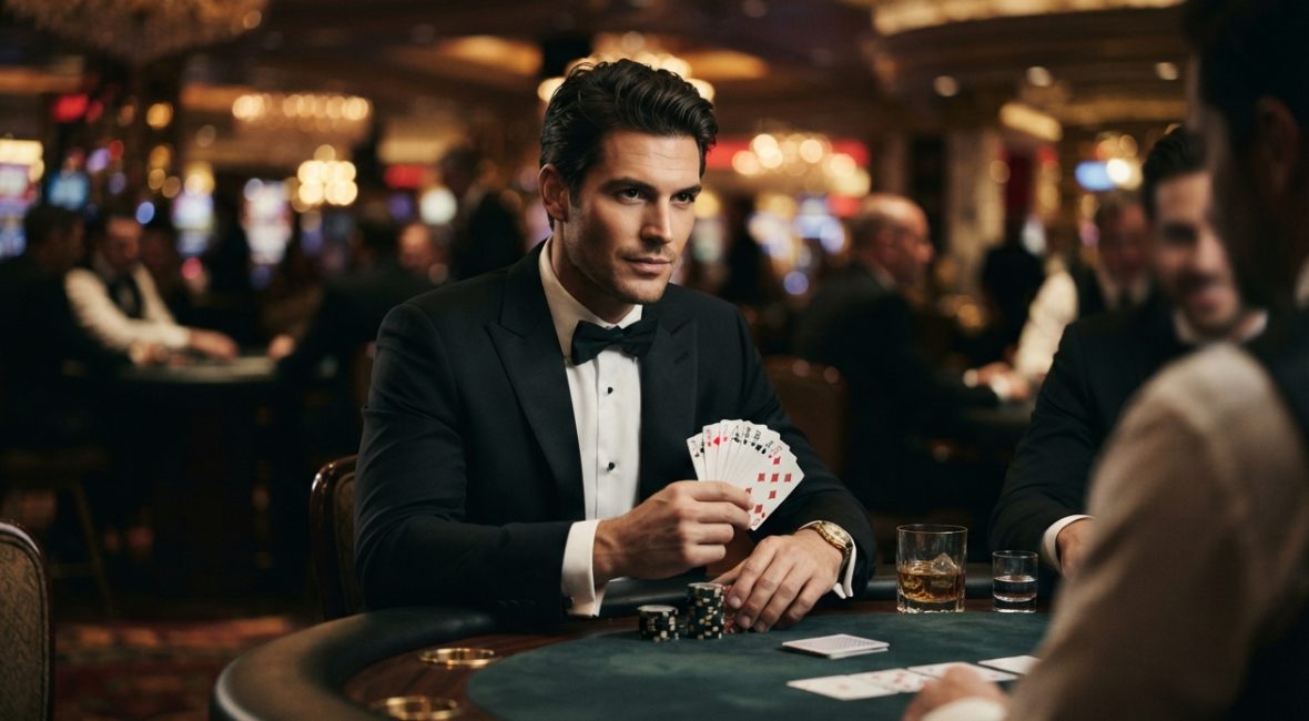 Homme élégant en smoking noir à une table de casino.