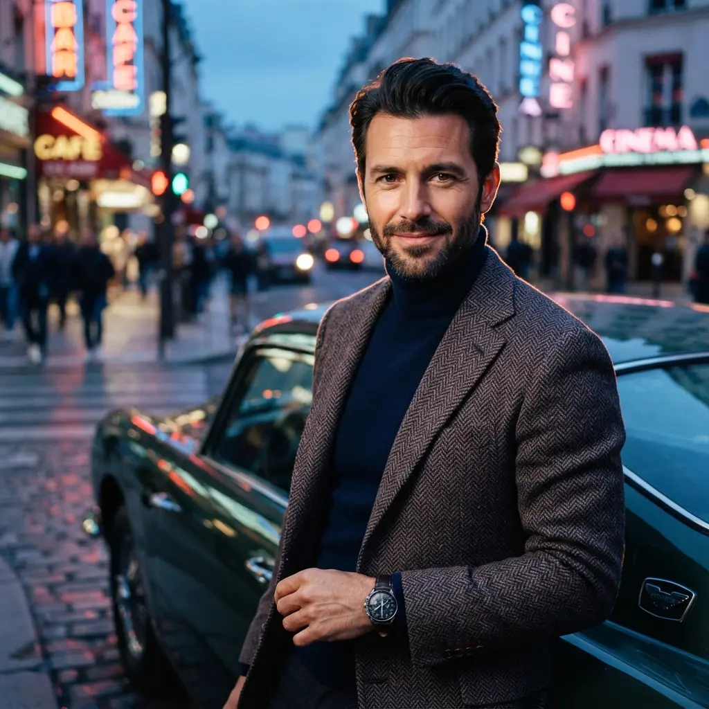 Homme flegmatique en col roulé près d'une voiture vintage