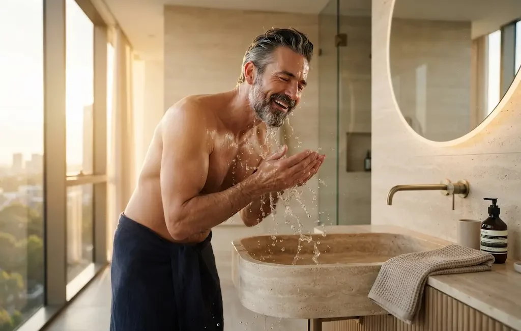 Homme 40 ans utilisant une routine soin visage premium