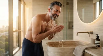 Homme 40 ans utilisant une routine soin visage premium