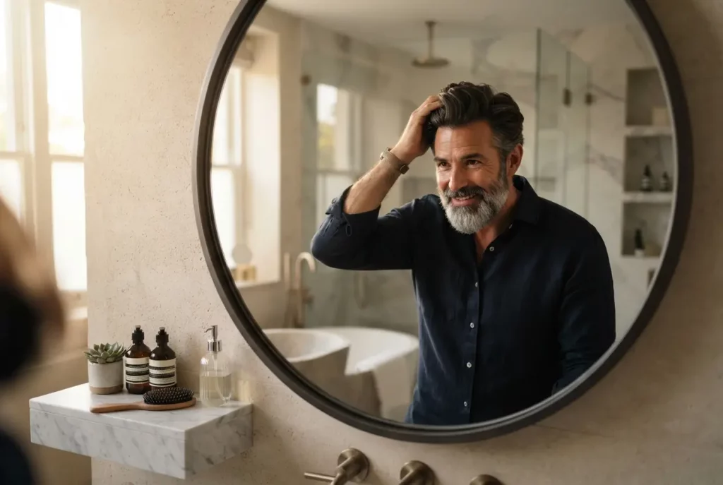 Homme de 40 ans se coiffant avec soin