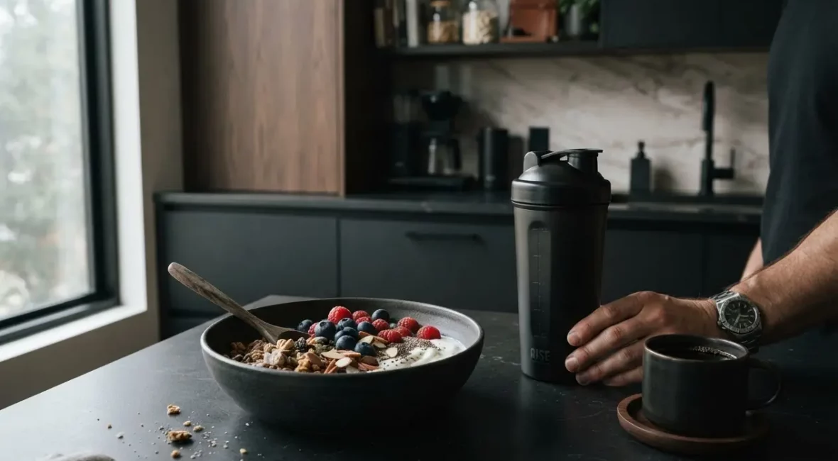 Cuisine moderne sombre avec préparation d'un encas sportif protéiné