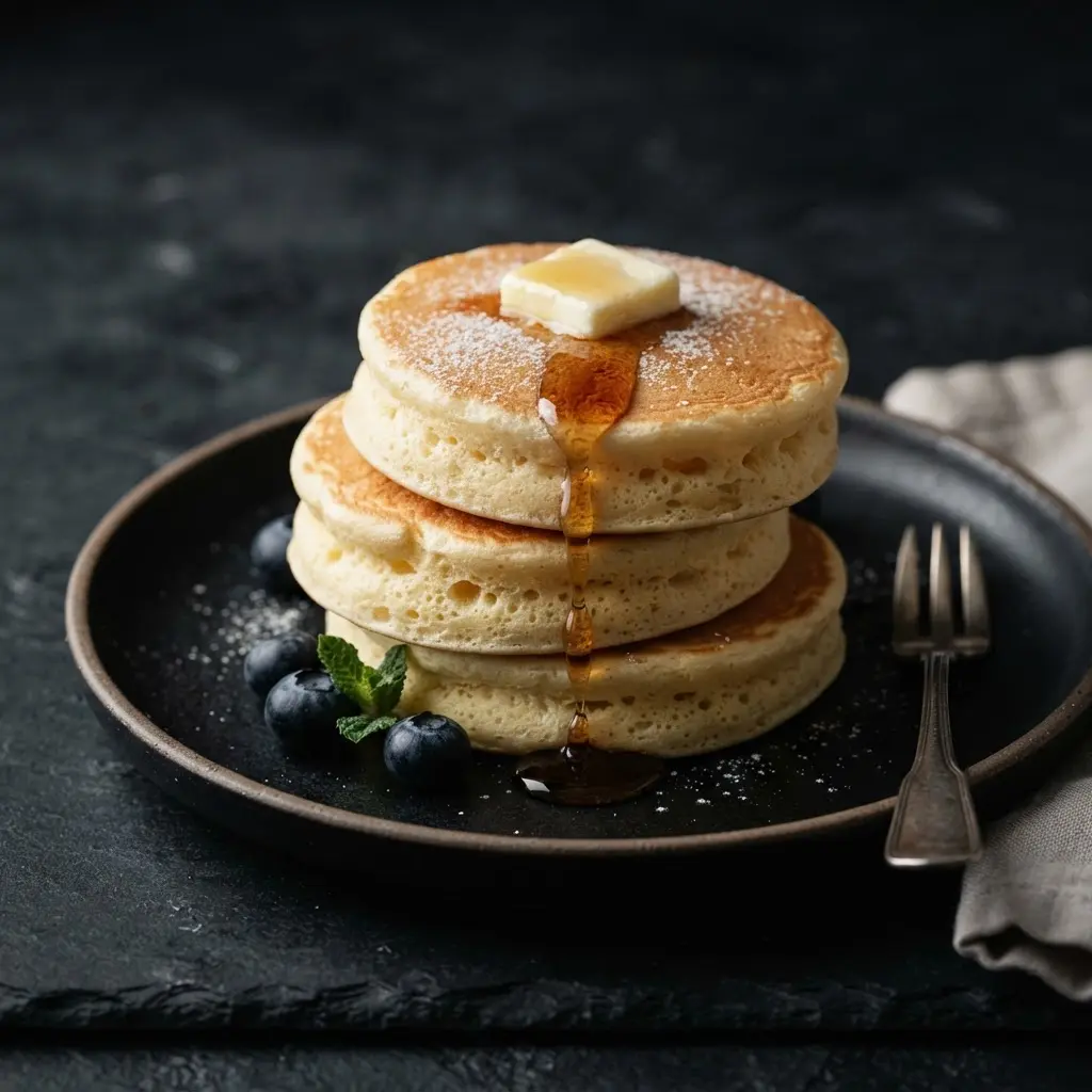 Pile de pancakes protéinés moelleux sur une assiette noire