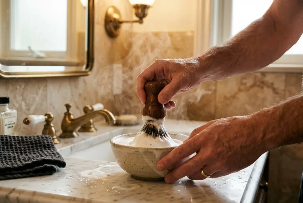 Homme préparant la mousse au blaireau en bois
