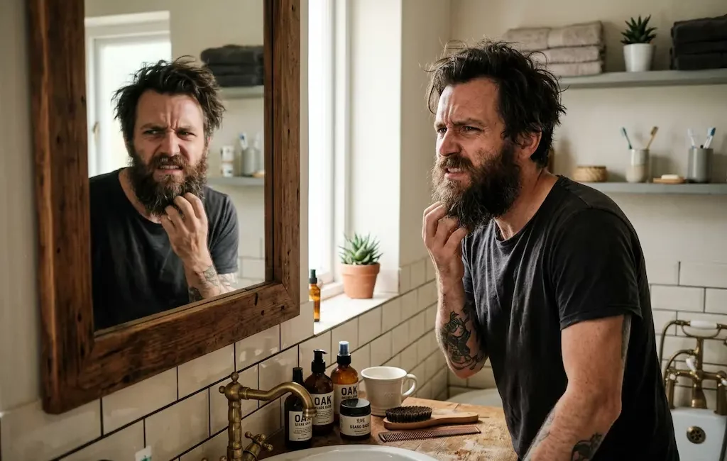 homme barbe rêche miroir frustré
