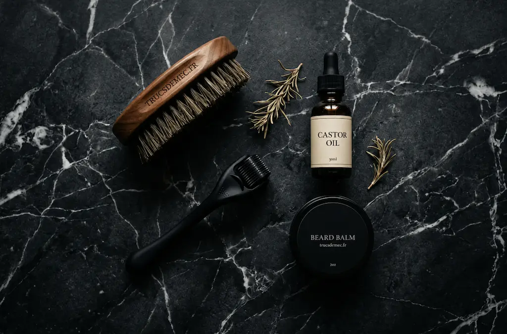 Produits soin barbe huile ricin dermaroller sur marbre