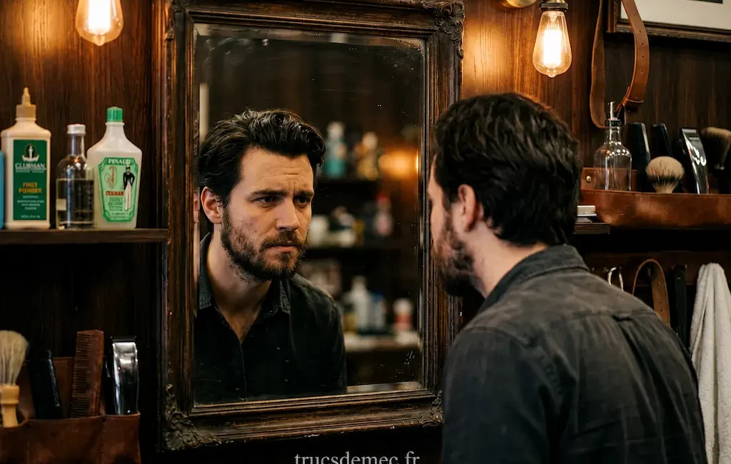 Homme regardant son reflet avec une barbe clairsemée