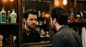 Homme regardant son reflet avec une barbe clairsemée