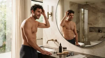 Homme élégant aux cheveux bouclés définis dans sa salle de bain.