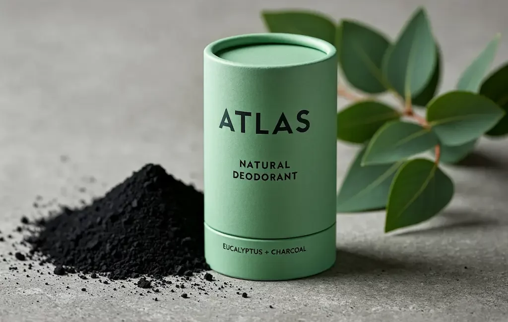 Déodorant solide naturel posé sur béton brut avec eucalyptus