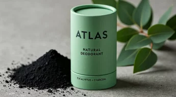 Déodorant solide naturel posé sur béton brut avec eucalyptus