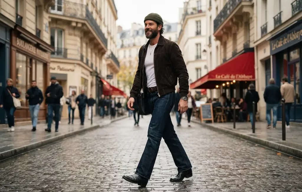 Homme élégant marchant avec un jean flare brut et bottines