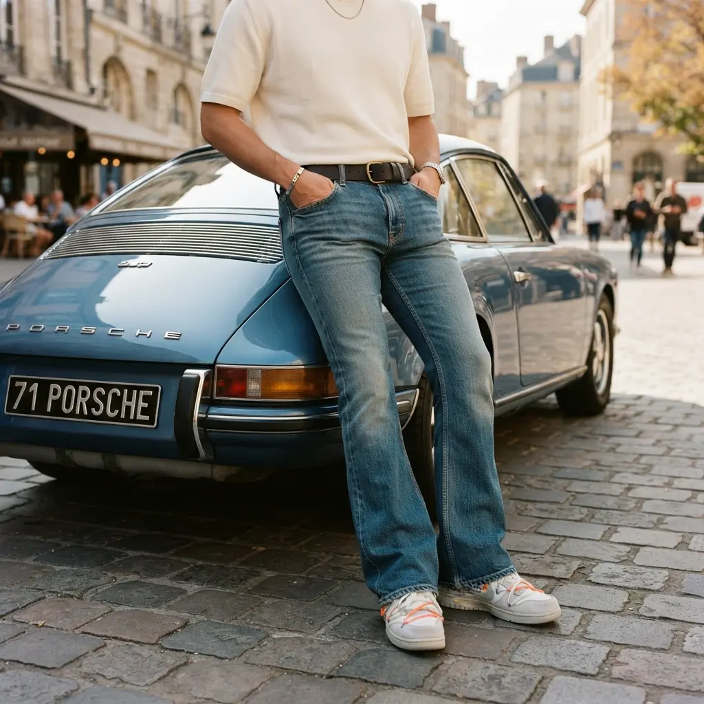 Jean flare homme délavé associé à de grosses baskets urbaines.