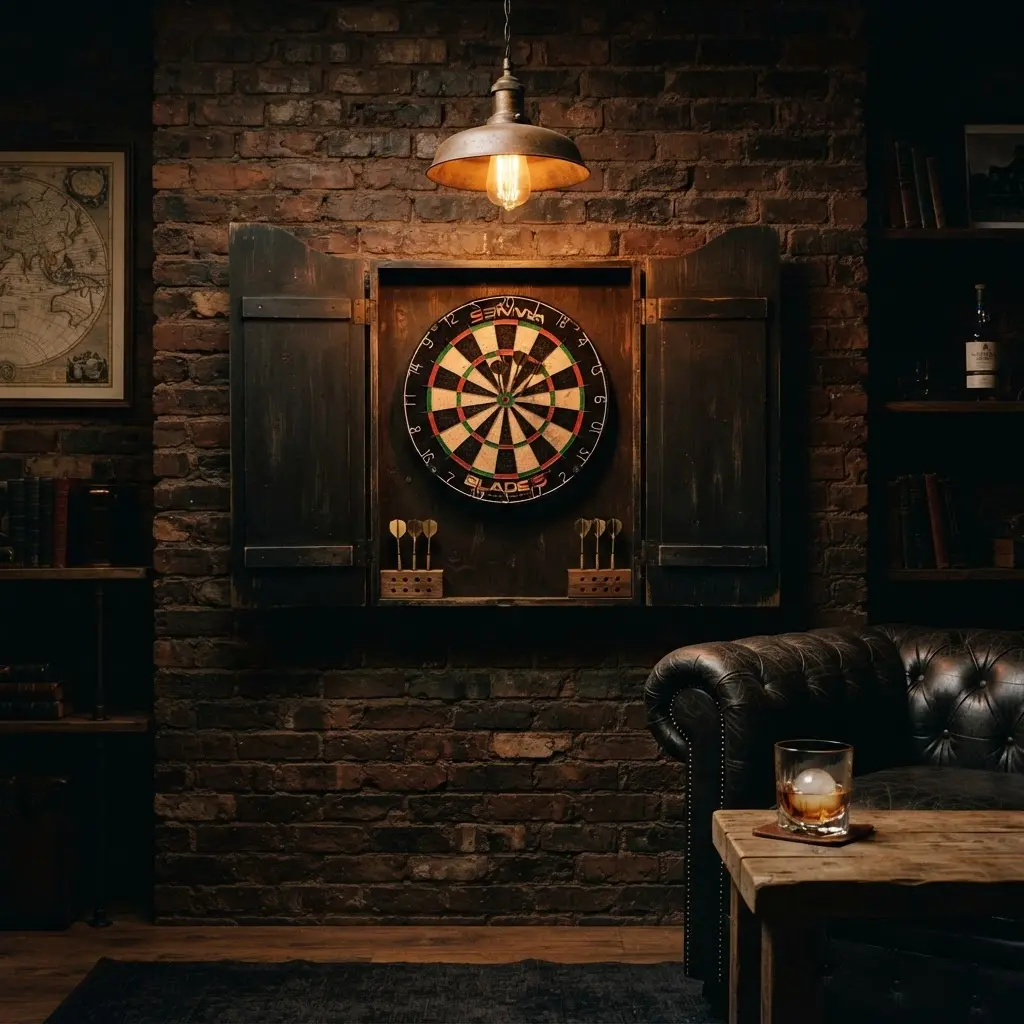 Armoire à fléchettes en bois dans salon industriel masculin