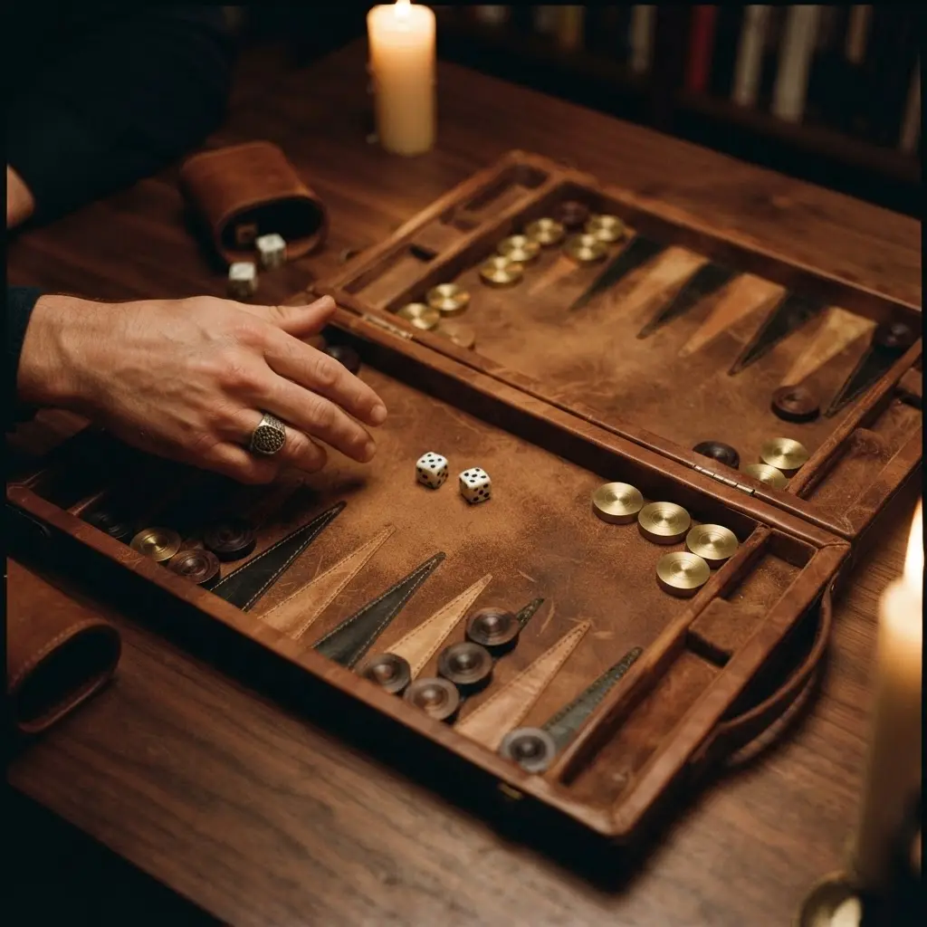 Main masculine lançant des dés sur backgammon en cuir