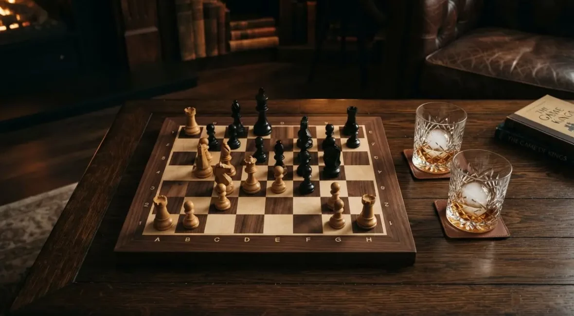 Échiquier en bois massif et whisky sur table basse