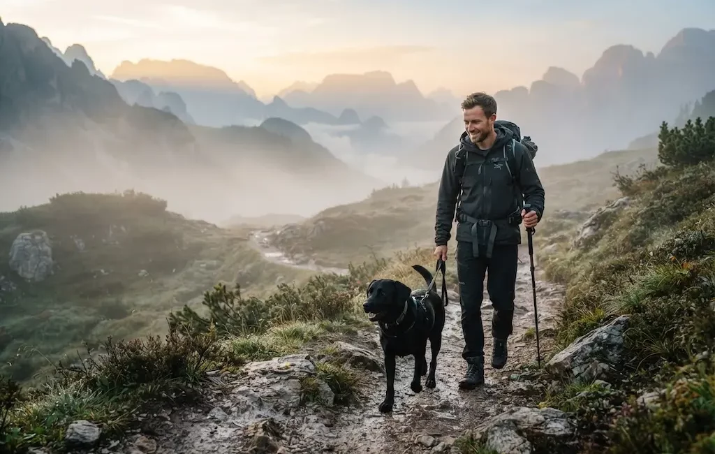 Homme en randonnée outdoor avec son Labrador noir athlétique
