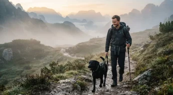 Homme en randonnée outdoor avec son Labrador noir athlétique